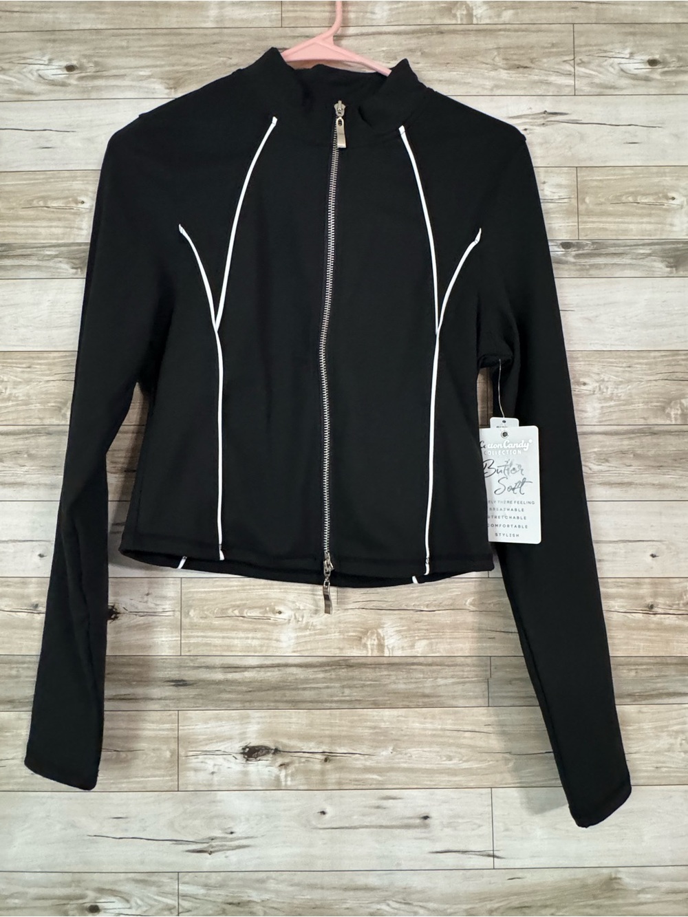 Women's Black Zip-Front Jacket with White Piping
